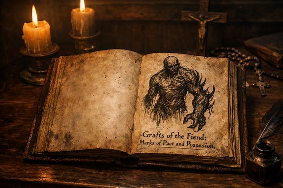 Ancient leather-bound tome open on candlelit desk, crude sketch of humanoid with warped clawed arm drawn in rough ink, caption beneath reading 'Grafts of the Fiend: Marks of Pact and Possession', eerie sanctified atmosphere