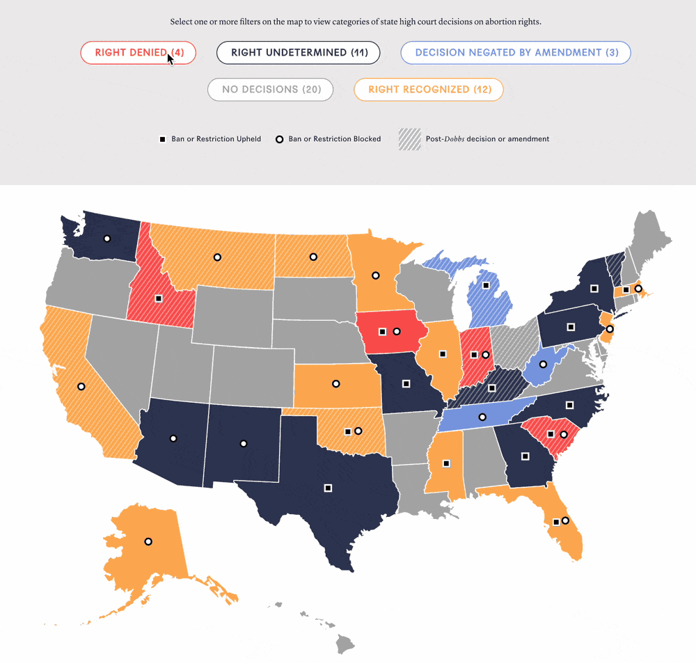 GIF of the State Constitutions and Abortion Rights Map Tool showing different color-coded states GIF of the State Constitutions and Abortion Rights Map Tool showing different color-coded states