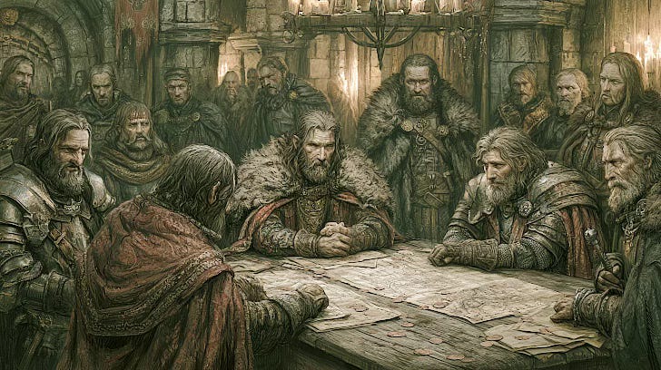 A group of hardened medieval military leaders and Rider commanders gather around a large map-covered table inside a torchlit stone hall, negotiating the formation of a unified dragon rider command amid visible political tension.