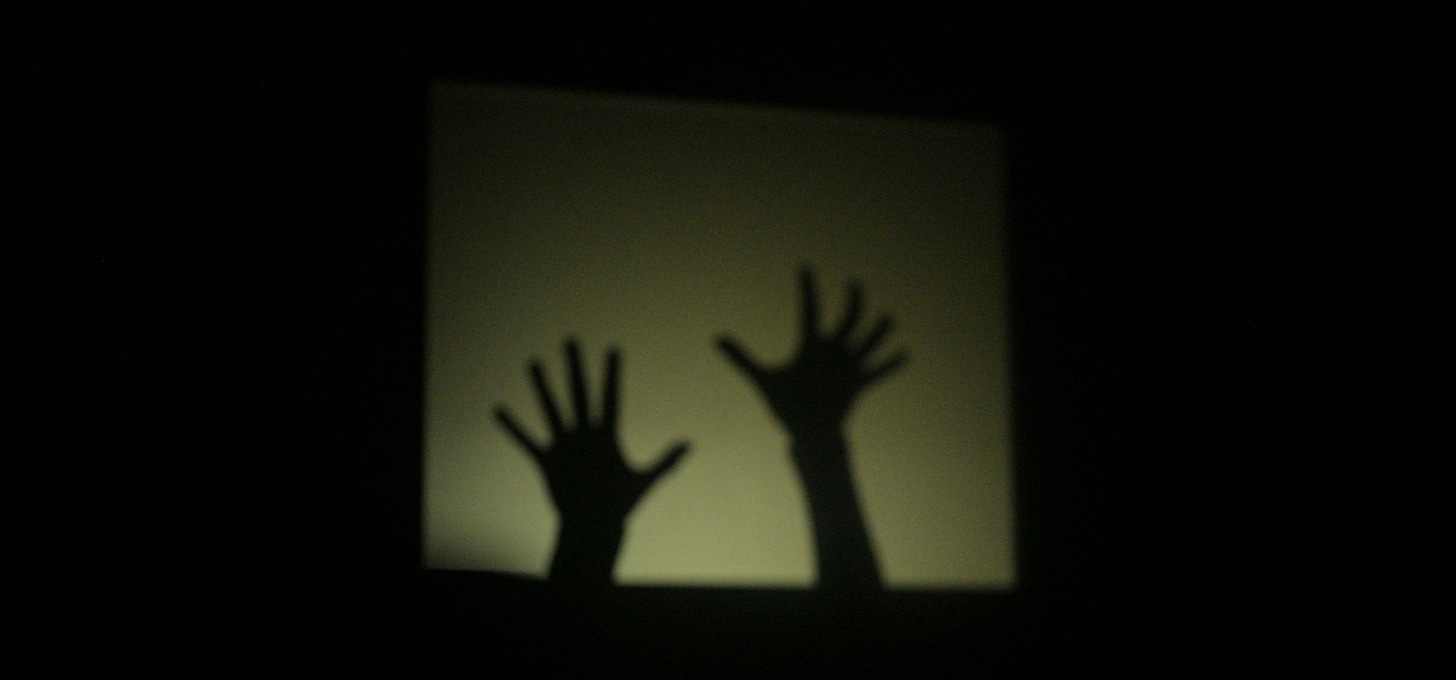 A shadow of two hands raised.
