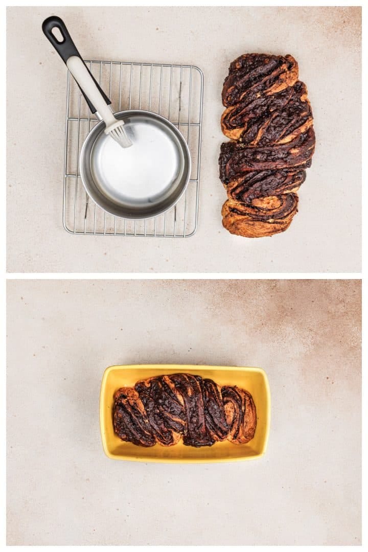 Collage of finished chocolate babka.