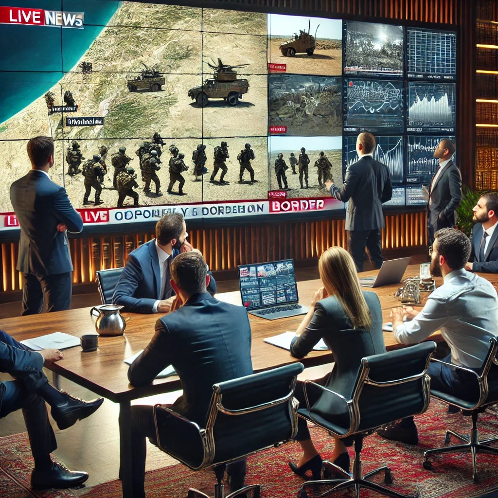 A group of geopolitical analysts in a modern office, watching a large screen displaying a live news broadcast of a conflict specifically on the Lebanon-Israel border. The analysts are focused and concerned, some taking notes or discussing the situation. The TV screen shows visuals of military activity, border areas, and reporters on the ground. The room has detailed maps and charts of the Lebanon-Israel border region on the walls, and a large table with laptops, documents, and a coffee pot. The analysts are dressed in business attire, and the atmosphere is tense, reflecting the seriousness of the unfolding conflict.