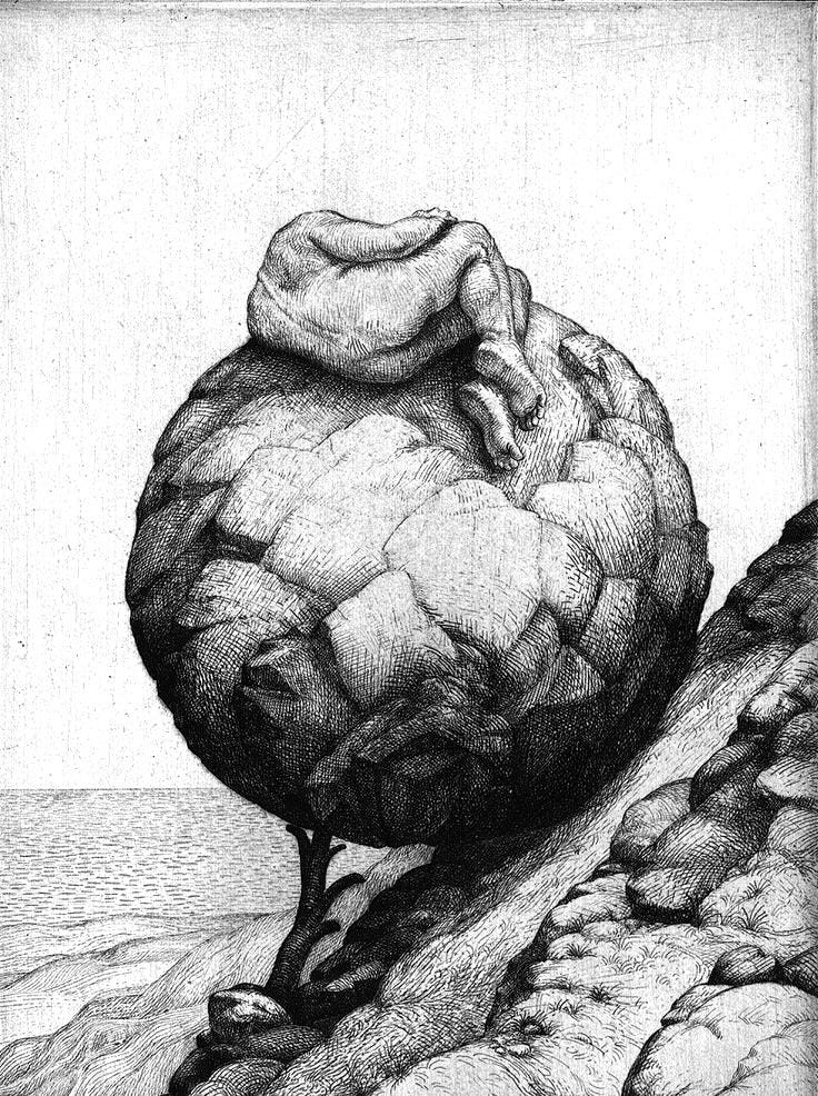 This may contain: a black and white drawing of a large rock on the side of a mountain with a person sleeping on it