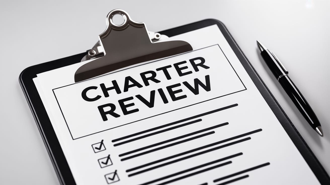 A close-up image of a clipboard holding a document titled “CHARTER REVIEW” with a checklist and a pen beside it, symbolizing the process of reviewing a city charter.