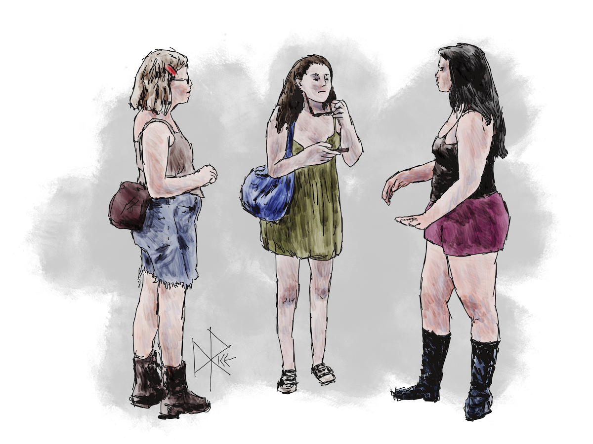 Three young women stand and talk as they plan an excursion. One of them lowers her glasses in exasperation and peers at her phone as another states, “I realize that your A.I. is telling you the pool is very deep, but I have been there and I KNOW it only comes up to my waist.” Sketch art by Don Rice. Three young women stand and talk as they plan an excursion. One of them lowers her glasses in exasperation and peers at her phone as another states, “I realize that your A.I. is telling you the pool is very deep, but I have been there and I KNOW it only comes up to my waist.” Sketch art by Don Rice.