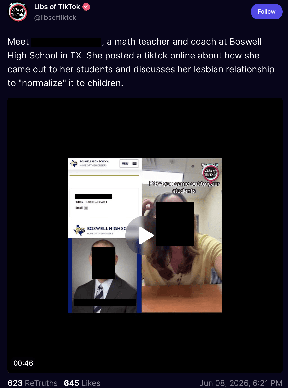 A June 5 post shared by Libs of TikTok on Truth Social targets a math teacher and coach at a high school in Fort Worth, Texas, who shared a video online discussing her students’ reactions to learning she was in a same-sex relationship. The post included the name of the teacher, a clip of the video she uploaded, and an email address for the school’s principal. (Open Measures redacted personal information in this screenshot.)