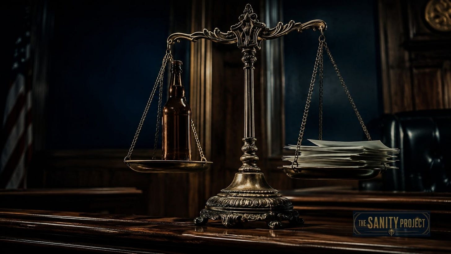 Courtroom scales balancing a beer bottle against legal documents, representing the R v Comeau Supreme Court ruling on interprovincial trade barriers. Courtroom scales balancing a beer bottle against legal documents, representing the R v Comeau Supreme Court ruling on interprovincial trade barriers.