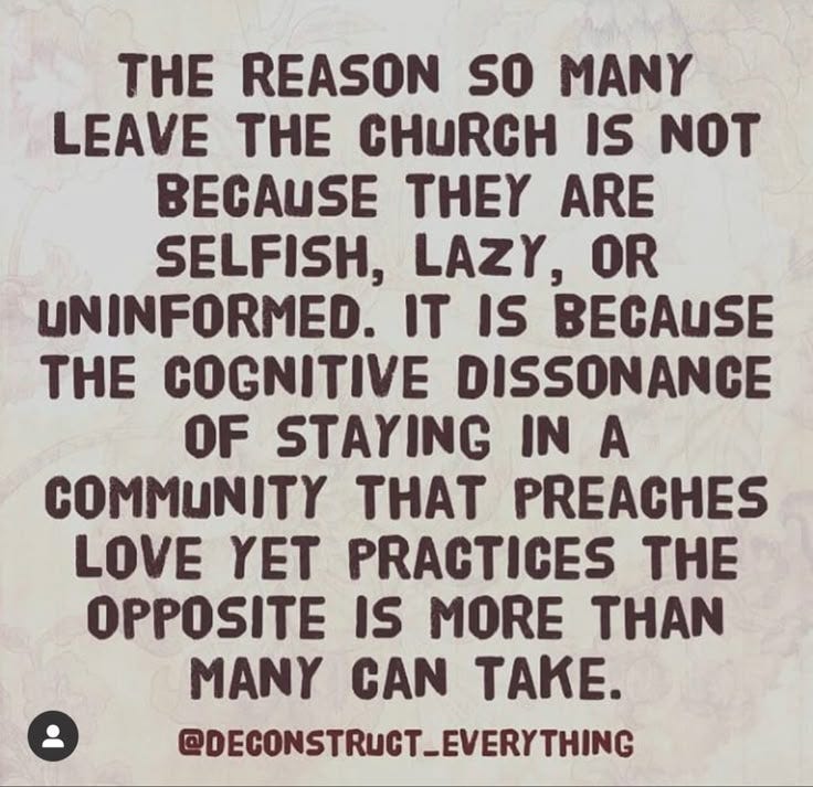 This may contain: the reason so many leave the church is not because they are selfish, lazy or unforted