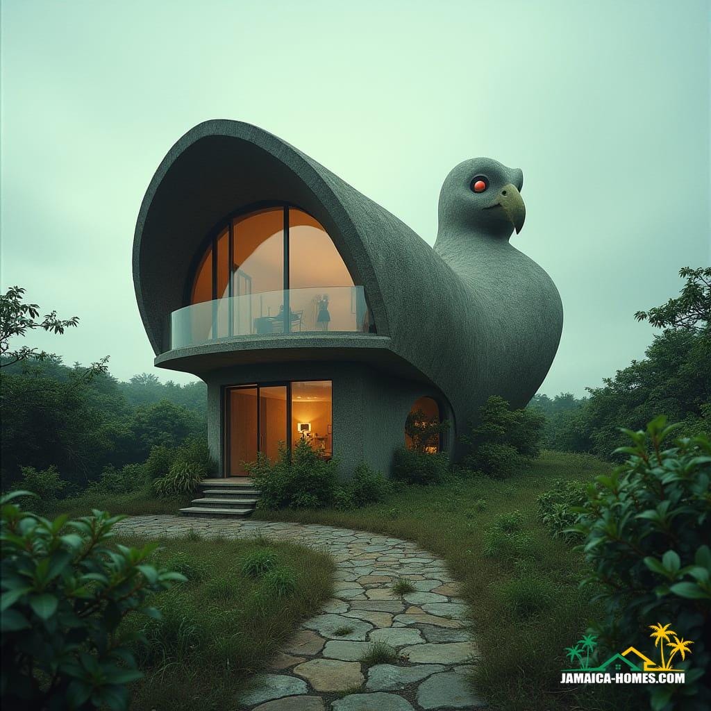  A house constructed from concrete, brick, and glass, shaped like a bird, situated in Jamaica. Featured as a cinematic film still, shot on V-Raptor XL with film grain and a vignette. The image showcases masterful color grading, post-processing, and dramatic cinematic lighting, all captured on 35mm film. The live-action scene is of the best quality, exuding an atmospheric, epic, and stunning masterpiece.