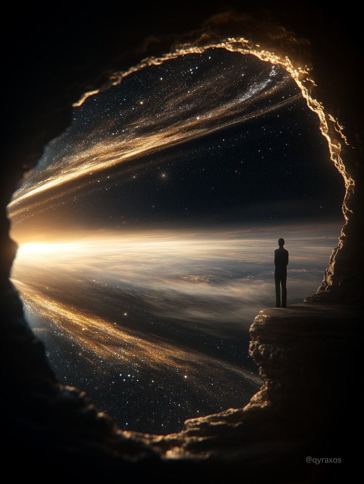 This may contain: a man standing in the middle of a cave looking at stars and planets above him