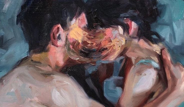 This may contain: an oil painting of two men embracing each other's shoulders and chestes, with one man holding his head to his face