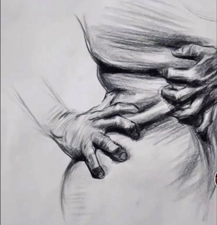 This may contain: a pencil drawing of two hands holding each other's arms, with one hand on the shoulder