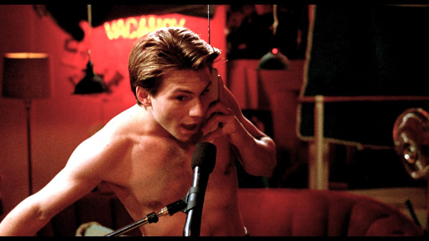 A shirtless Christian Slater plays Mark, a pirate radio DJ, in Pump Up The Volume.