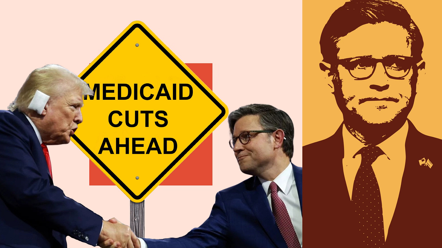 Stylized cover image with Trump and Mike Johnson and a "Medicaid Cuts Ahead" sign