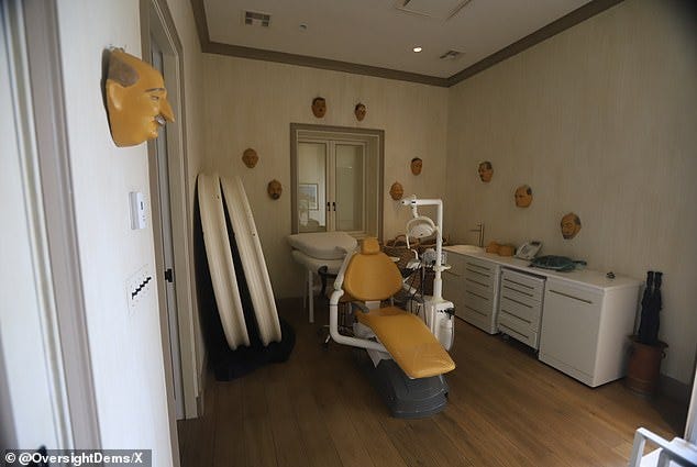Epstein had a dental chair set up at his private island in Little St James. The room also features masks of men on the walls. Officials have not commented on whether the faces depict specific individuals or whether they served a functional purpose