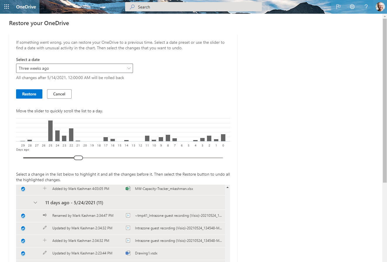 Use Restore files in OneDrive when you need to recover a number of files to a better state based on a date range of a better known state. Use Restore files in OneDrive when you need to recover a number of files to a better state based on a date range of a better known state.