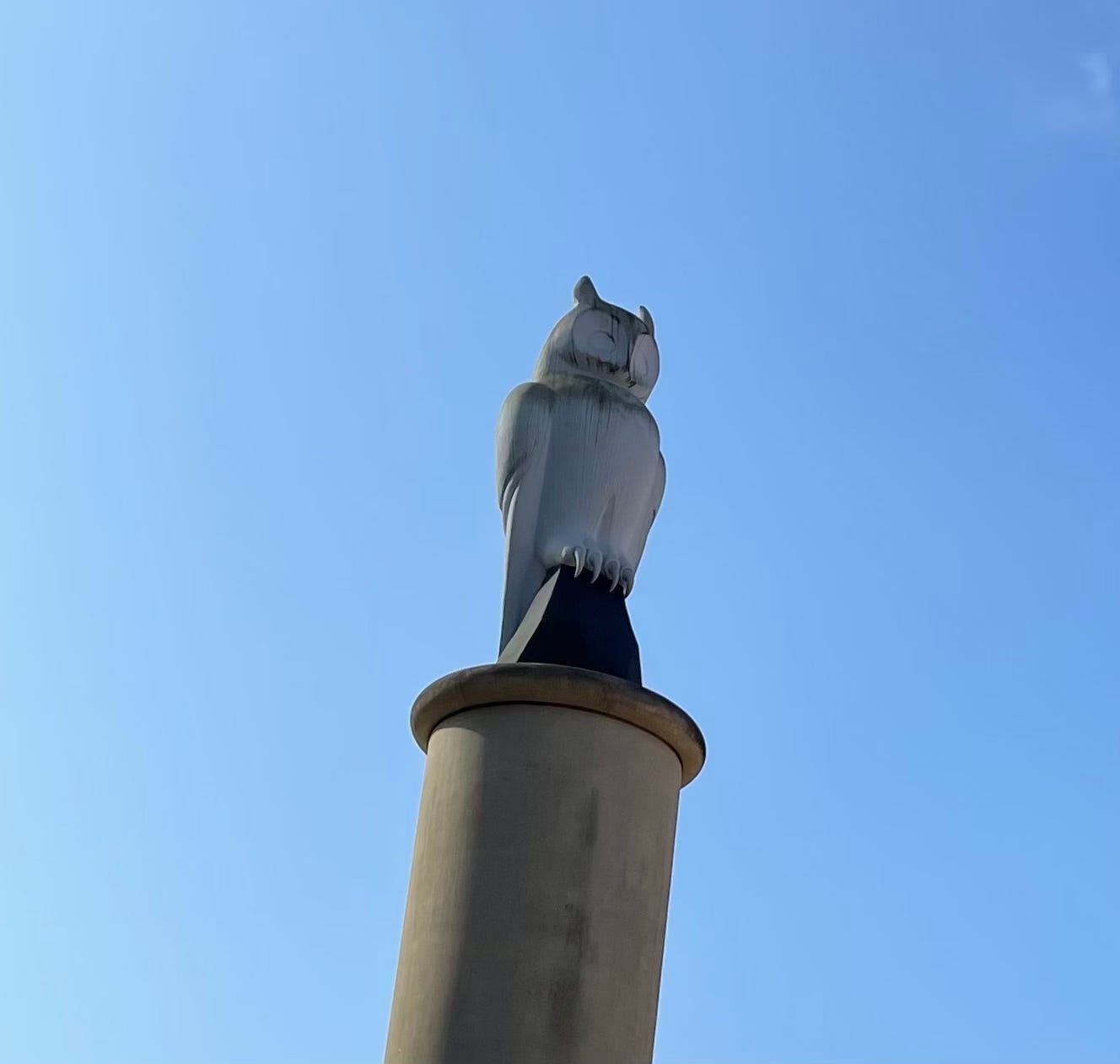 A statue of an owl on top of a high column, in the sunshine.