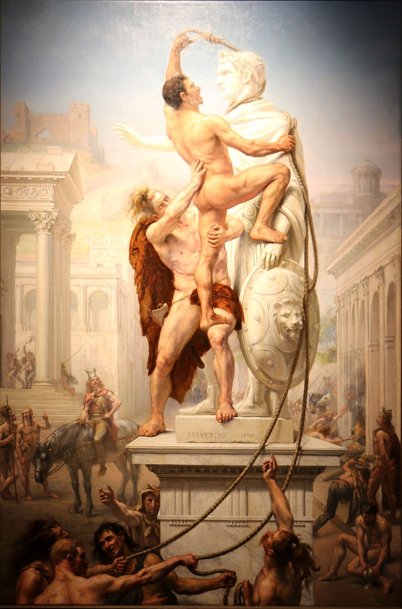 A Goth pushing a marble statue off its pedestal A Goth pushing a marble statue off its pedestal