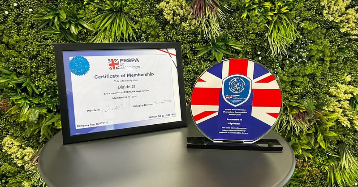 Digidelta Earned FESPA UK Waste Accreditation Champion Recognition