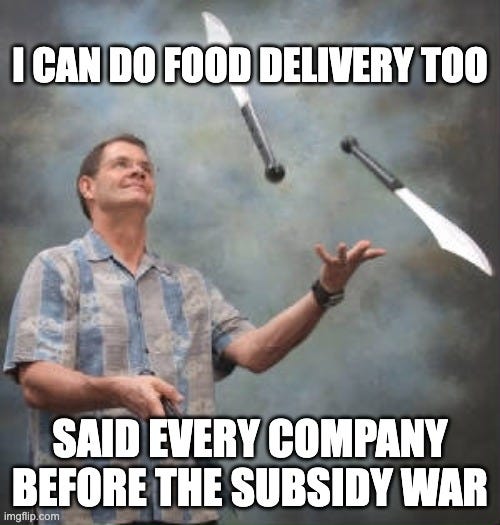 Meme illustrating JD.com’s attempt to juggle food delivery alongside its core retail business, highlighting capital allocation risk and margin pressure in the JD investment thesis deep dive.