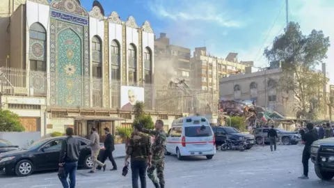 Reuters Photo showing aftermath of air strike that destroyed building next to Iranian embassy in Damascus, Syria (1 April 2024)