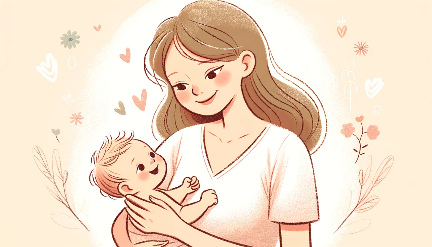 Illustration of a woman with brown hair and brown eyes smiling down at a baby she is holding in her arms, while the baby smiles up at her. Pale background with soft pastel flowers and hearts.