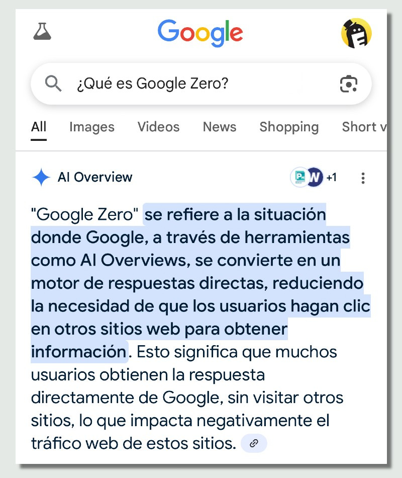 Resultados de búsqueda generados por AI Overviews de Google a la consulta “¿Qué es Google Zero?”.