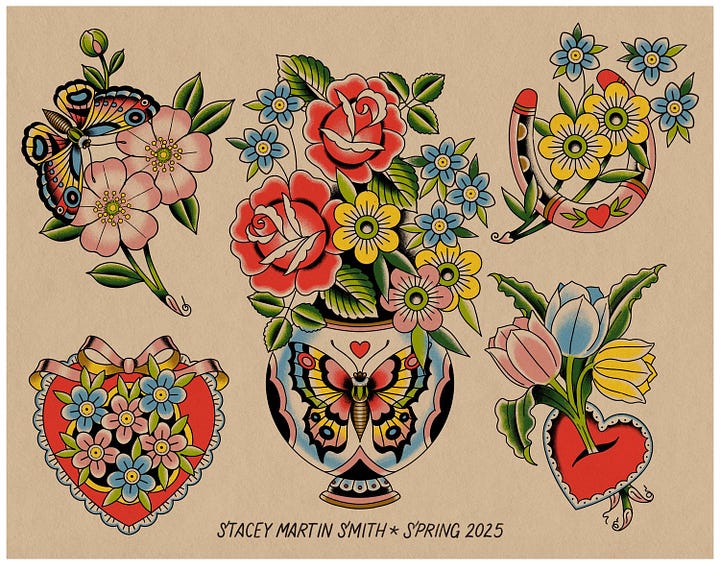 The left photo shows six stickers sheets by Eve Anderson Draws with images of coffee items, stationery, crafting accessories and baking supplies.  The right photo is a sticker by The Peach Fuzz that says "Ask me about my current hobby".