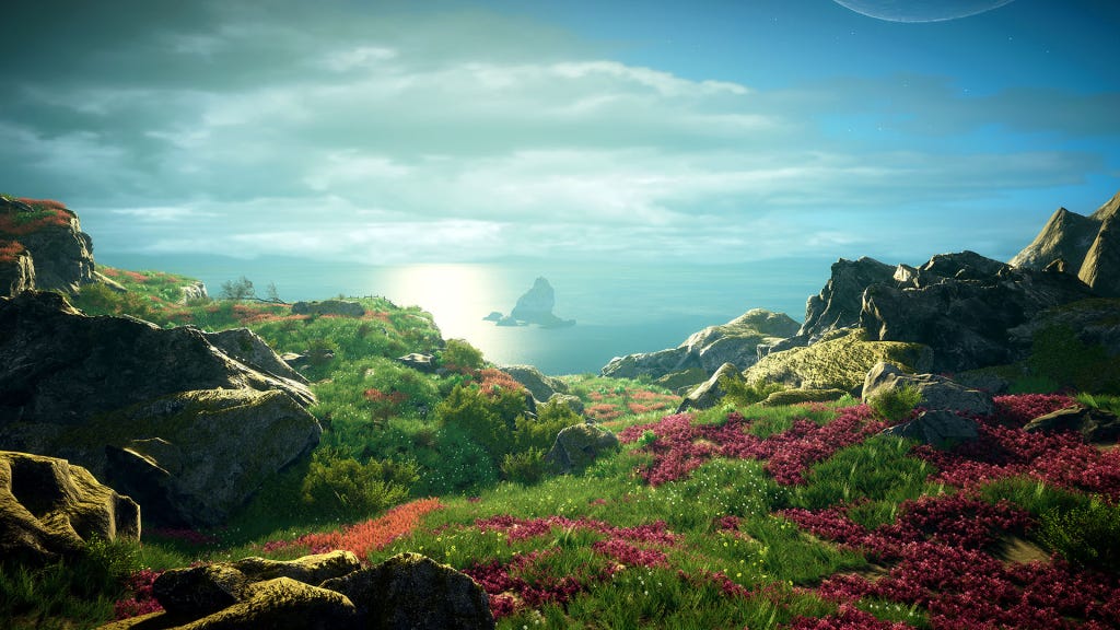 Eastshade gameplay showing a beautiful sunny landscape in a peaceful fantasy world, one of the most relaxing cosy games for adults.