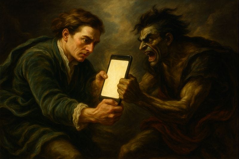 Jekyll and Hyde fighting over a phone Jekyll and Hyde fighting over a phone