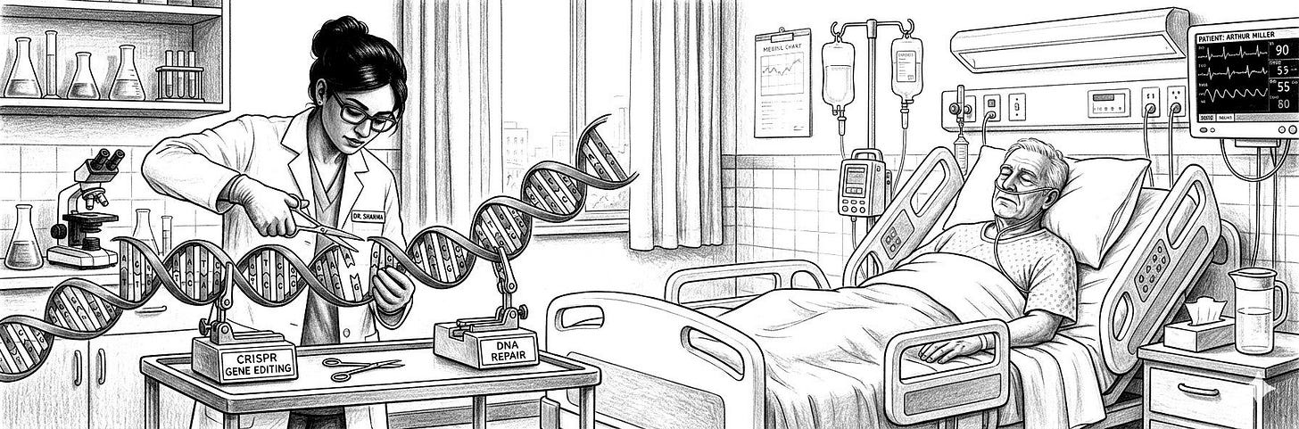 Scientist editing DNA double helix while patient waits in hospital bed