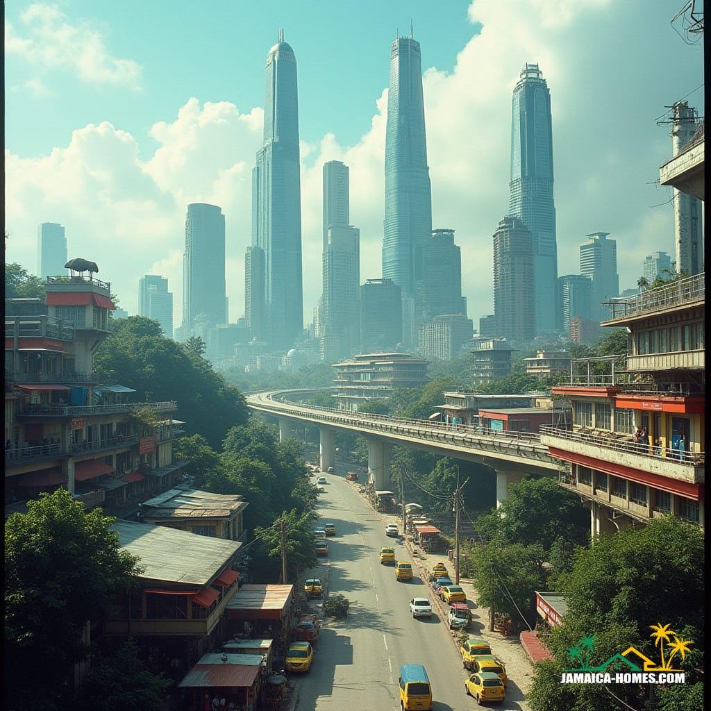 A futuristic skyline with sleek glass towers, highway snaking through, petrol stations and convenience stores mid-level, colorful Jamaican minibuses on elevated roads, waterfalls and area between flat bridge and Ocho Rios between facades, vibrant market stalls on rooftop terraces, in a cinematic film still style, reminiscent of Blade Runner, with a hint of Syd Mead and Ash Thorp's futuristic neon aesthetic, shot on 35mm film with a v-raptor XL, incorporating film grain, vignette, and cinematic lighting, color graded for a dramatic atmosphere.