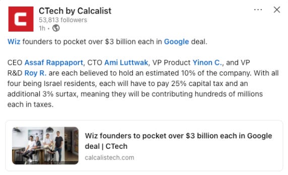 CTech by Calcalist 
53,813 followers 
lh.o 
Wiz founders to pocket over $3 billion each in Google deal. 
CEO Assaf Rappaport, cro Ami Luttwak, vp product Yinon C., and vp 
x 
R&D Roy R. are each believed to hold an estimated 10% of the company. With all 
four being Israel residents, each will have to pay 25% capital tax and an 
additional 3% surtax, meaning they will be contributing hundreds of millions 
each in taxes. 
Wiz founders to pocket over $3 billion each in Google 
deal I CTech 
calcalistech.com 