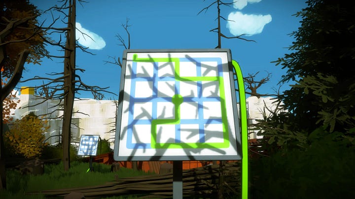A screenshot from The Witness showing the reflection of the island creating a silhouette together with the island.;A screenshot from The Witness showing the bay location of the island; A screenshot from The Witness showing how shadows can play a role in solving the puzzle panel; A screenshot from The Witness showing how shadows can play a role in solving the puzzle panel