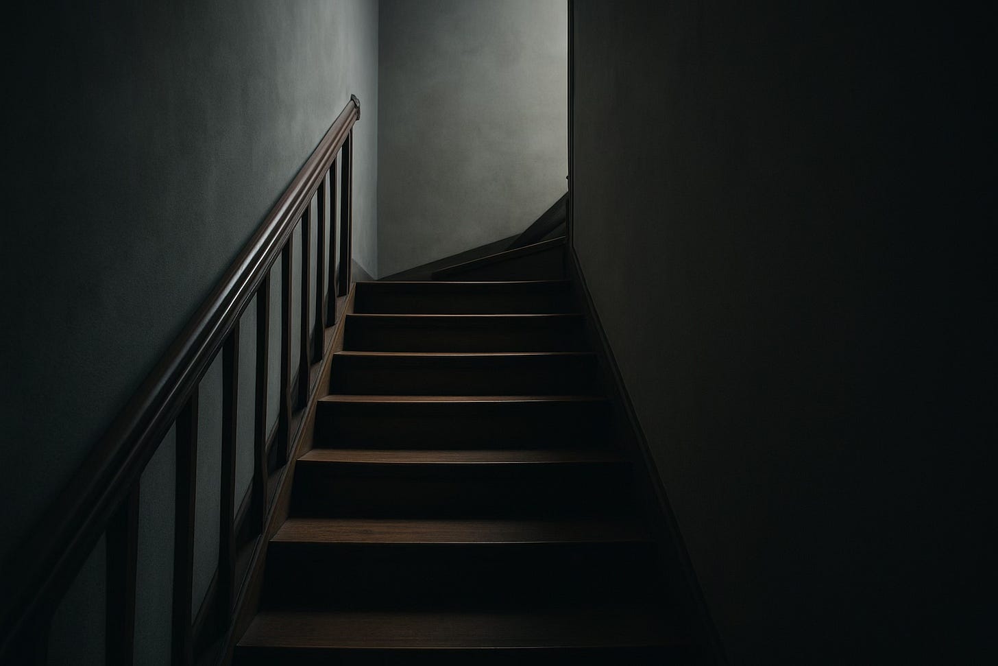 Dimly lit wooden staircase in a modest home interior, with natural light filtering from above and shadows on the walls, evoking a sense of waiting and childhood memory