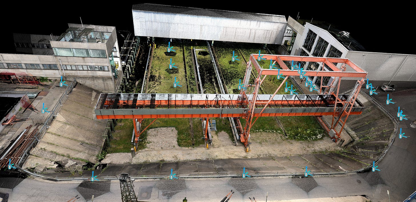 Annotated point cloud showing geometric measurements across the crane and rail system Annotated point cloud showing geometric measurements across the crane and rail system