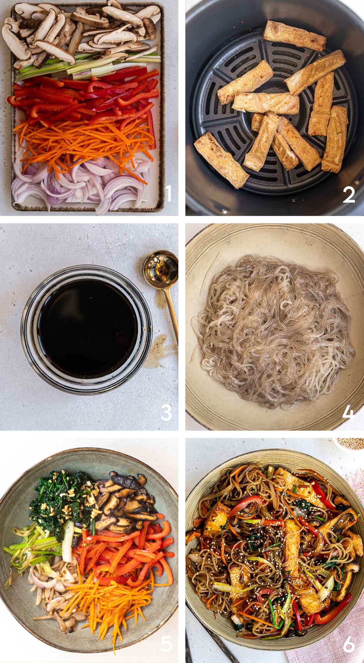 Cutting vegetables, air frying the tofu, preparing the Japchae sauce, cooking the noodles, and stir frying the vegetabels.