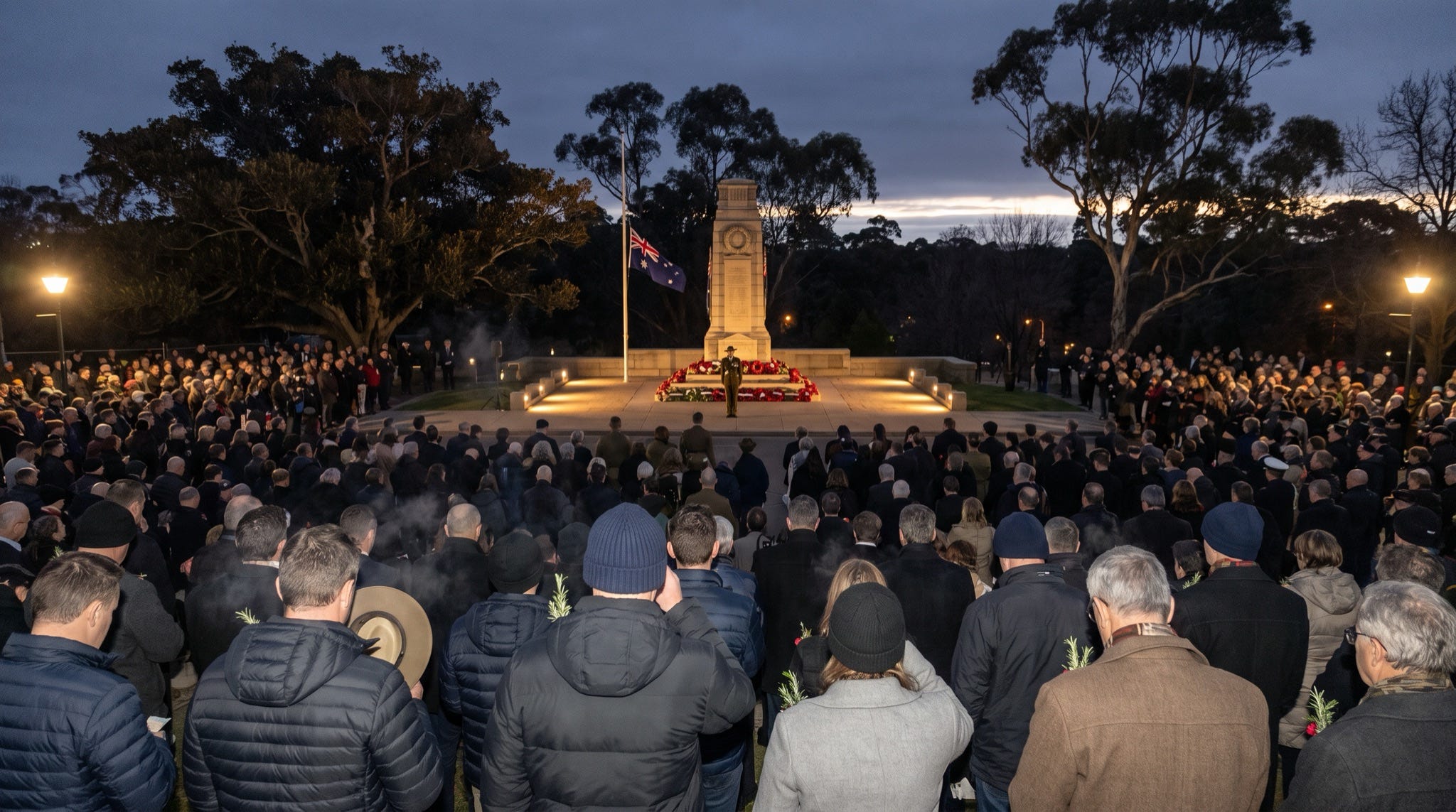 An Australian dawn service seen from behind a vast silent crowd, the cenotaph lit low with wreaths at its base