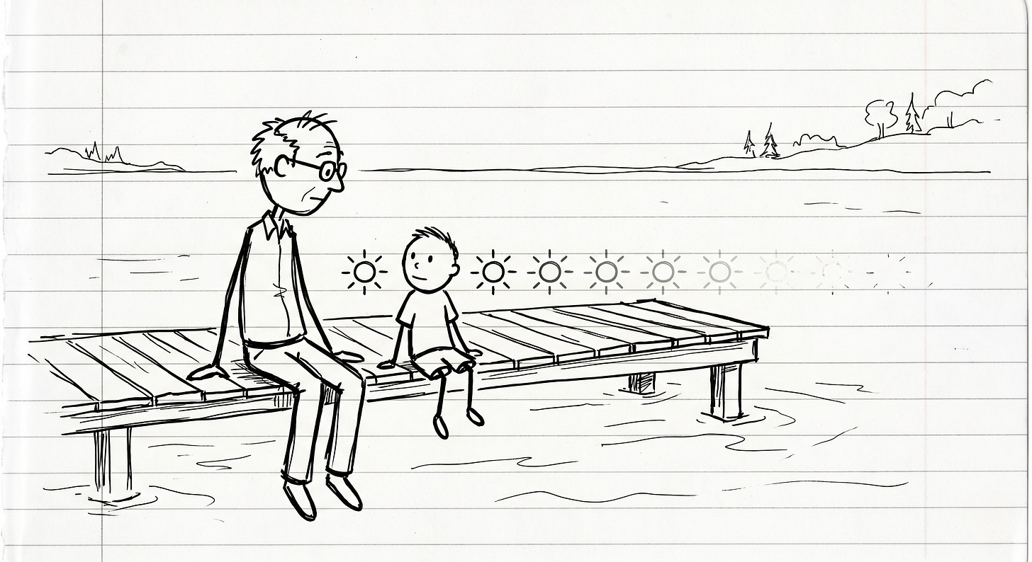 A hand-drawn sketch of a grandfather and grandson sitting on a dock, with a row of fading sun icons between them representing limited summers over time.