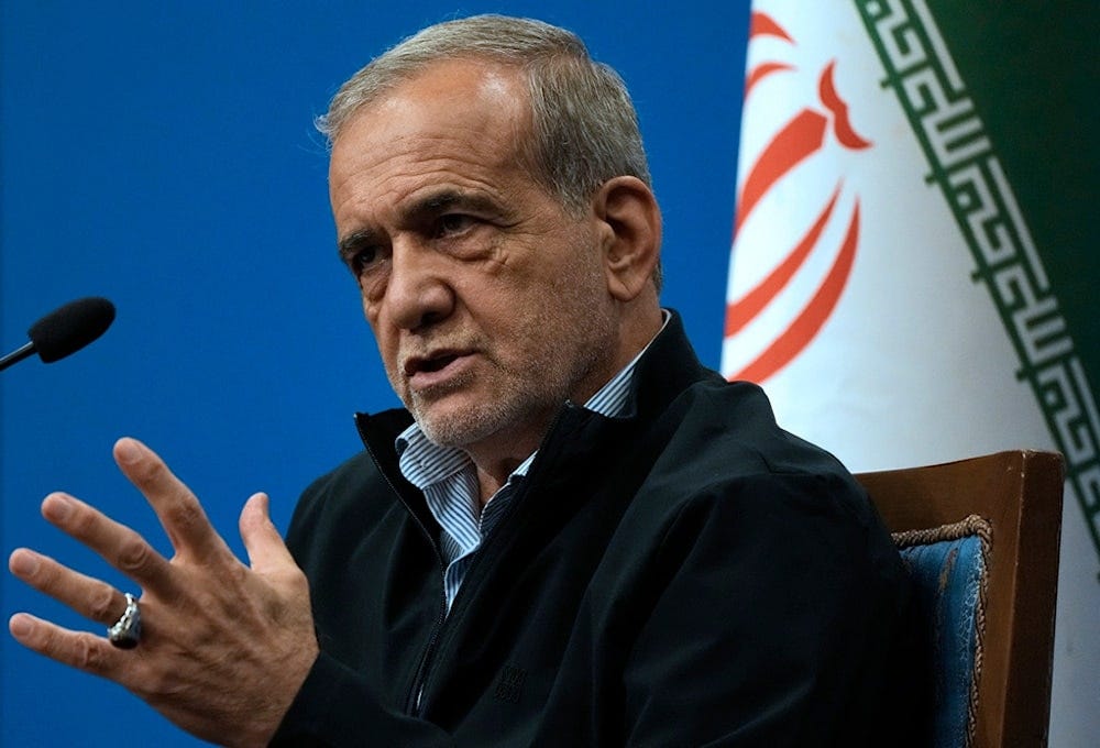 Iranian President Masoud Pezeshkian speaks during his press conference in Tehran, Iran, Monday, Sept. 16, 2024. (AP Photo/Vahid Salemi) Iranian President Masoud Pezeshkian speaks during his press conference in Tehran, Iran, Monday, Sept. 16, 2024. (AP Photo/Vahid Salemi)