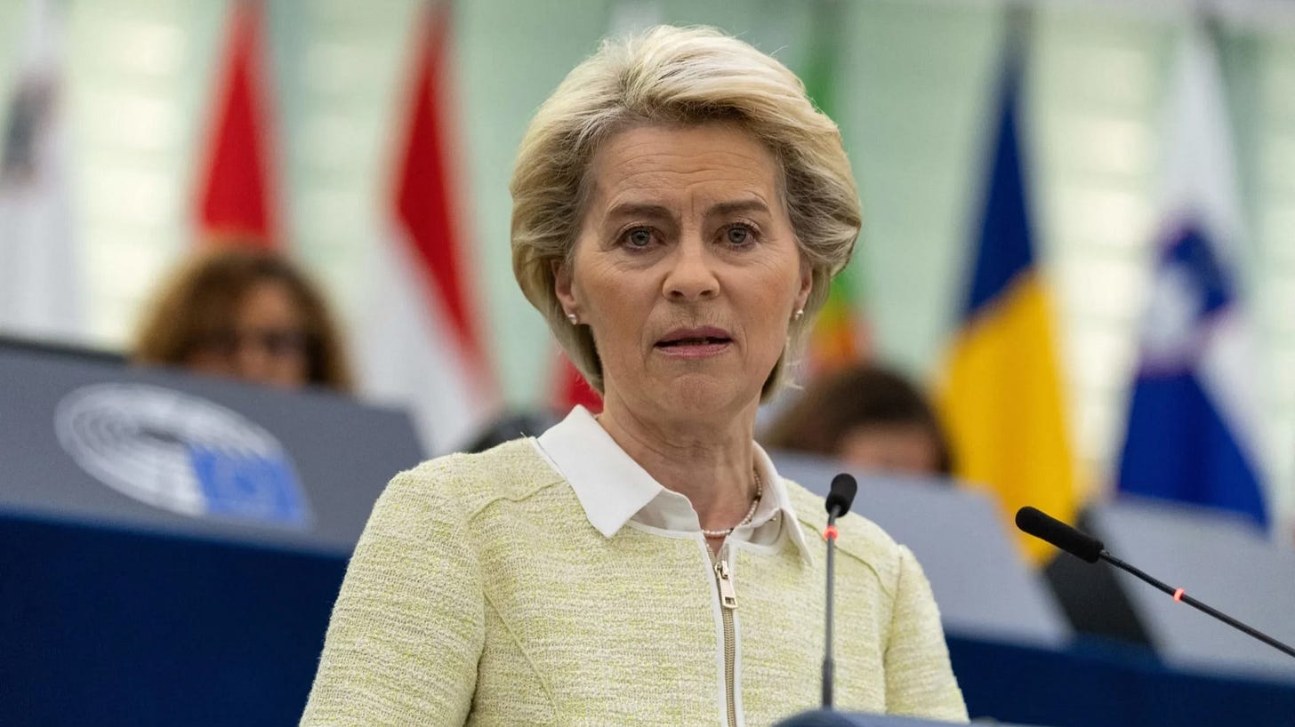 European Commission President Ursula von der Leyen speaks during a debate regarding economic sanctions against Russia | Patrick Hertzog/AFP via Getty Images