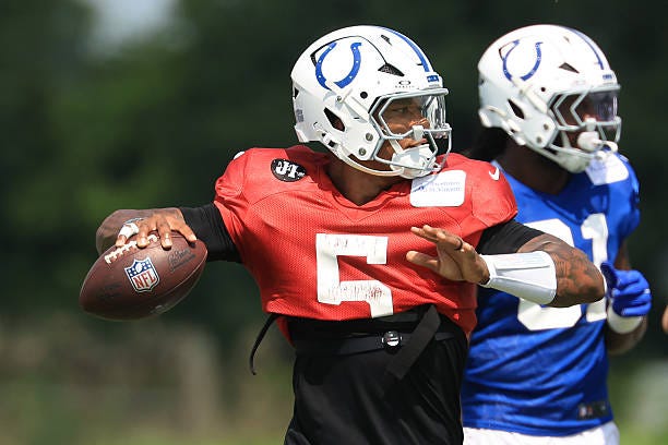 Anthony Richardson of the Indianapolis Colts throws a pass during the Green Bay Packers and Indianapolis Colts Joint Practice at Grand Park on August...