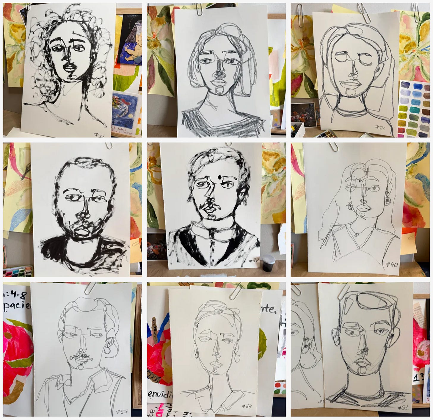Portrait drawings made with pencils, ink, crayons