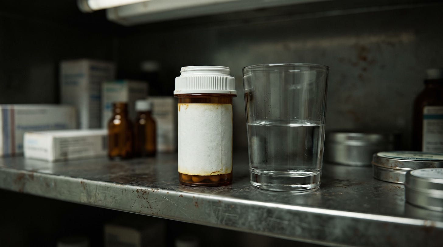 A lone bottle sits on a shelf with a glass of water. A lone bottle sits on a shelf with a glass of water.