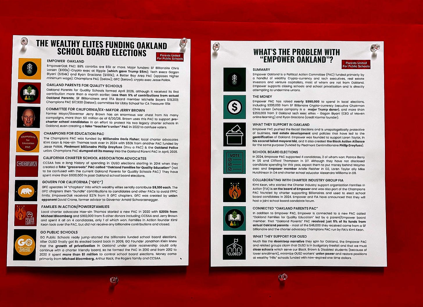 The two political campaign flyers as they appeared outside Skyline High School’s main office on Sept. 29, 2026. (Photo: Oakland Report)