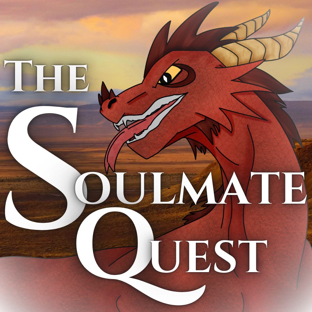 A red dragon over a desert wasteland and the words "The Soulmate Quest" written around the dragon.