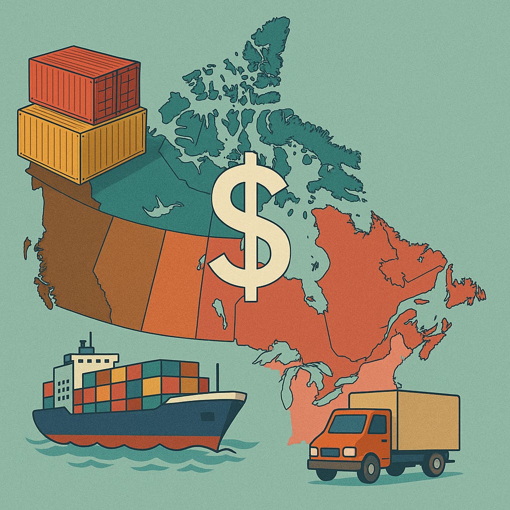 A flat, stylized digital map of Canada with each province and territory shaded in earthy tones. A large white dollar sign is centered on the map. Trade-themed illustrations surround it: a container ship, stacked shipping crates, and a delivery truck—symbolizing interprovincial and international commerce.