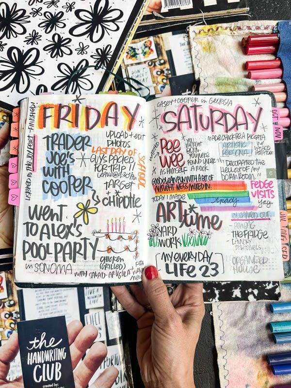 This may contain: someone is holding an open planner book in their hand and it's surrounded by other items