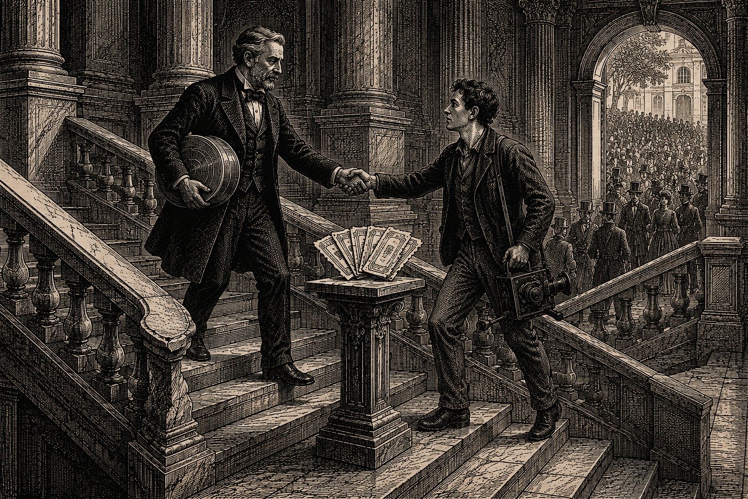 Wood-engraving editorial illustration in the Thomas Nast Harper's Weekly style for Attention Capital's essay The Presold Epic, Section IV: The Same Instrument, Arriving From Below. On a grand marble staircase, an older studio executive descending with a film canister shakes hands with a young creator ascending with a small camera, meeting over a stack of admission tickets; a distant crowd fills the doorway behind the young figure. The image argues that The Odyssey and Backrooms are the same transaction, a buyer pricing documented audience demand before release, executed from opposite ends of the market. Keywords: creator economy film deals, Backrooms A24, Odyssey pre-sale, audience as collateral, film finance convergence. Wood-engraving editorial illustration in the Thomas Nast Harper's Weekly style for Attention Capital's essay The Presold Epic, Section IV: The Same Instrument, Arriving From Below. On a grand marble staircase, an older studio executive descending with a film canister shakes hands with a young creator ascending with a small camera, meeting over a stack of admission tickets; a distant crowd fills the doorway behind the young figure. The image argues that The Odyssey and Backrooms are the same transaction, a buyer pricing documented audience demand before release, executed from opposite ends of the market. Keywords: creator economy film deals, Backrooms A24, Odyssey pre-sale, audience as collateral, film finance convergence.