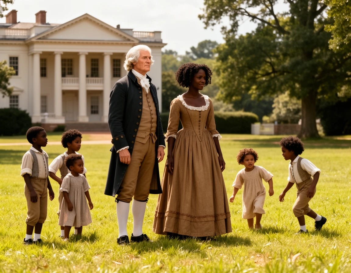 President Thomas Jefferson with his black mistress Sally Hemmings and their several biracial children at Monticello Virginia President Thomas Jefferson with his black mistress Sally Hemmings and their several biracial children at Monticello Virginia